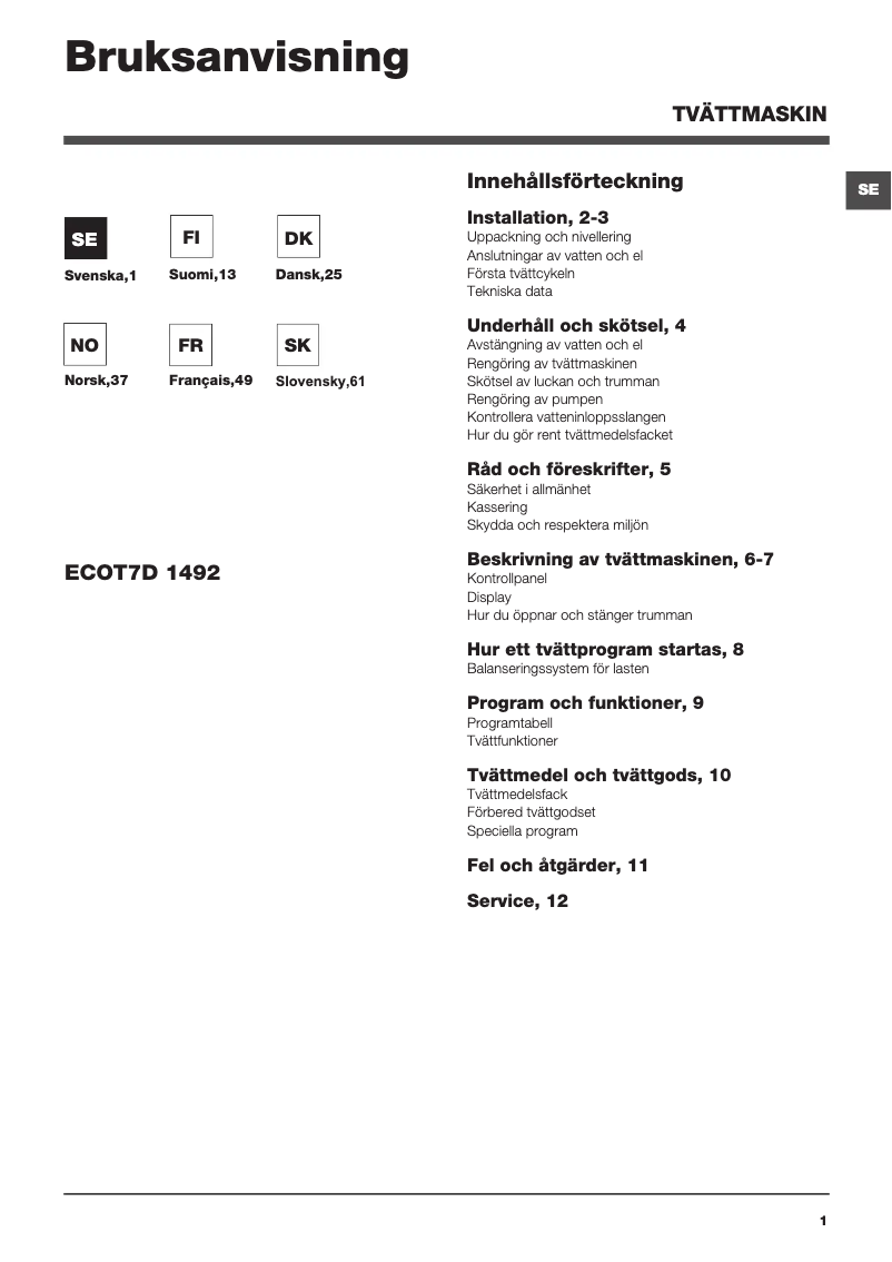 Page 1 of the manual User Manual Hotpoint Ariston ECOT7D 1492 EU