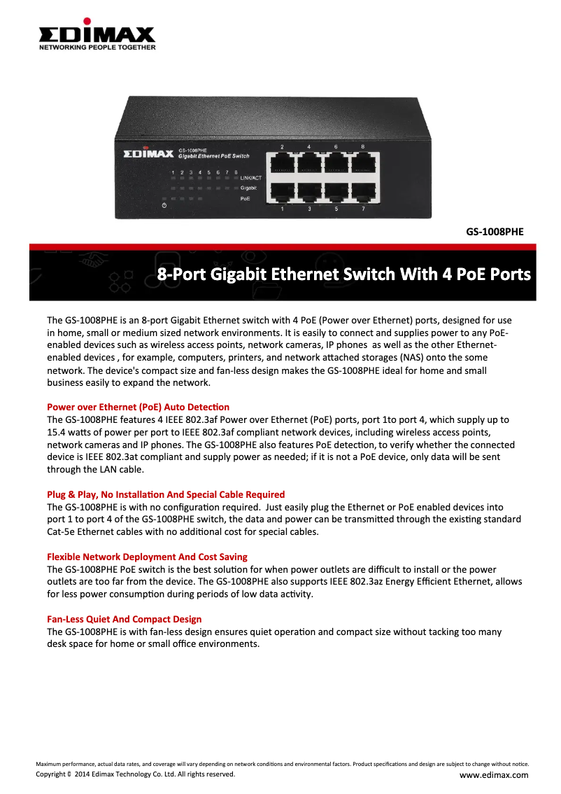 Page 1 of the manual Technical Sheet Edimax GS-1008PHE
