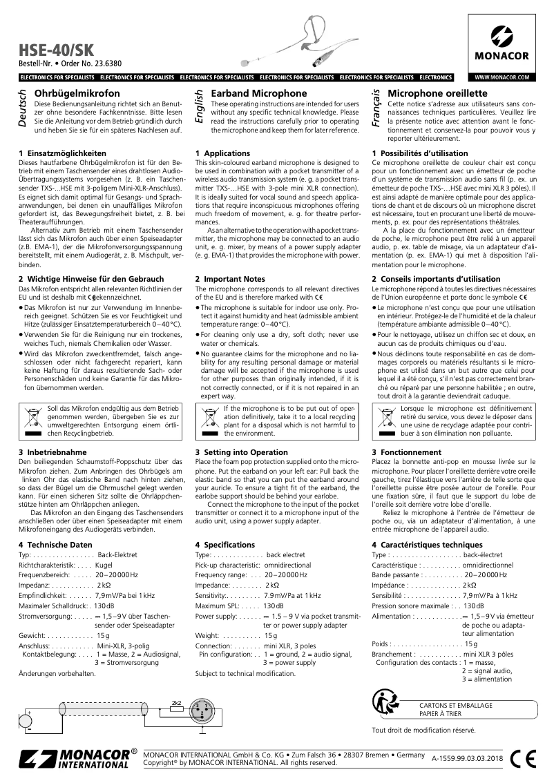 Page 1 of the manual User Manual Monacor HSE-40/SK