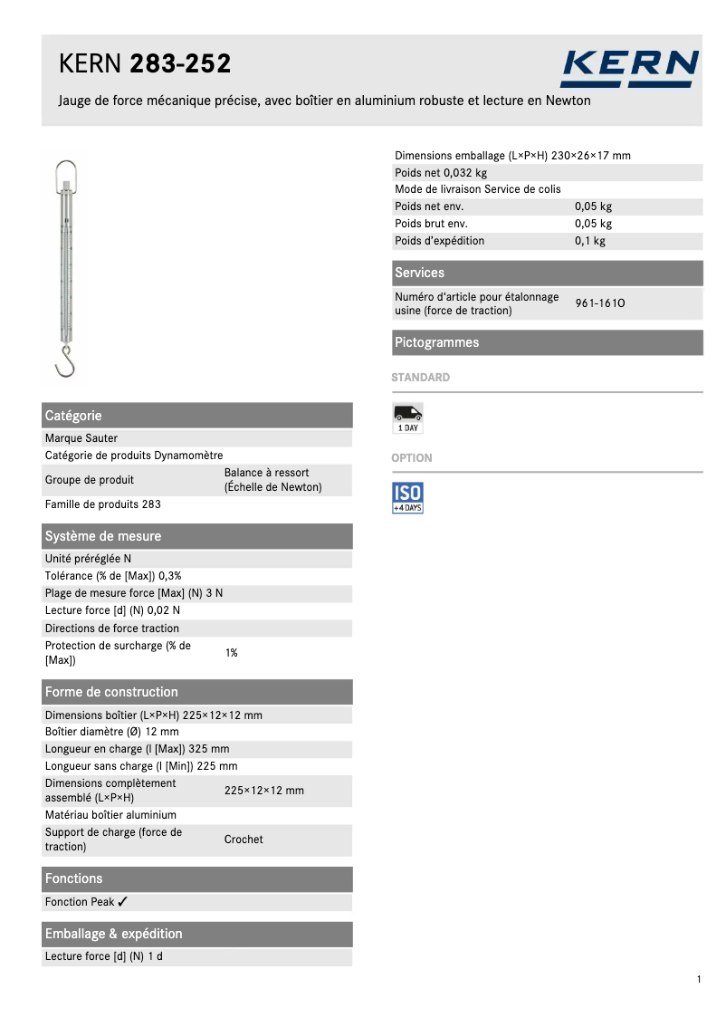 Page 1 of the manual Technical Sheet Kern 283-252