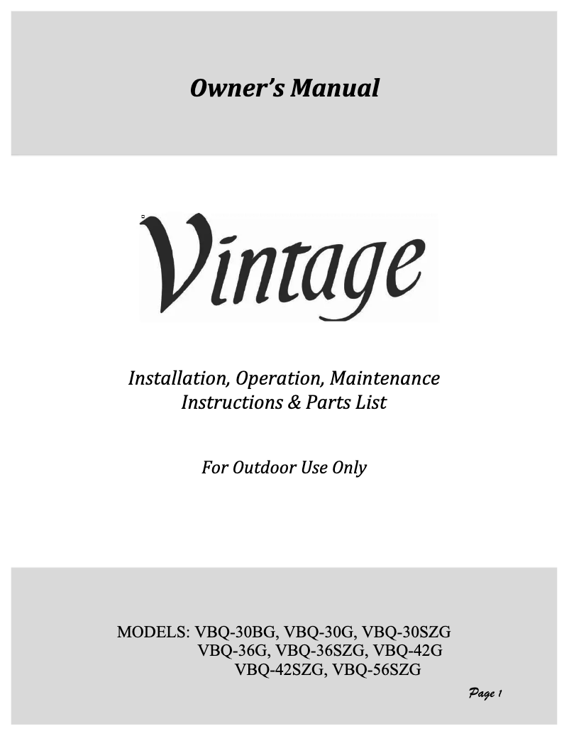Page 1 of the manual User Manual Vintage VBQ-56SZG