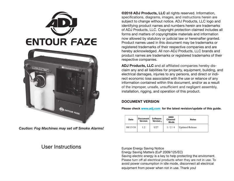 First page image of the manual for Entour Faze