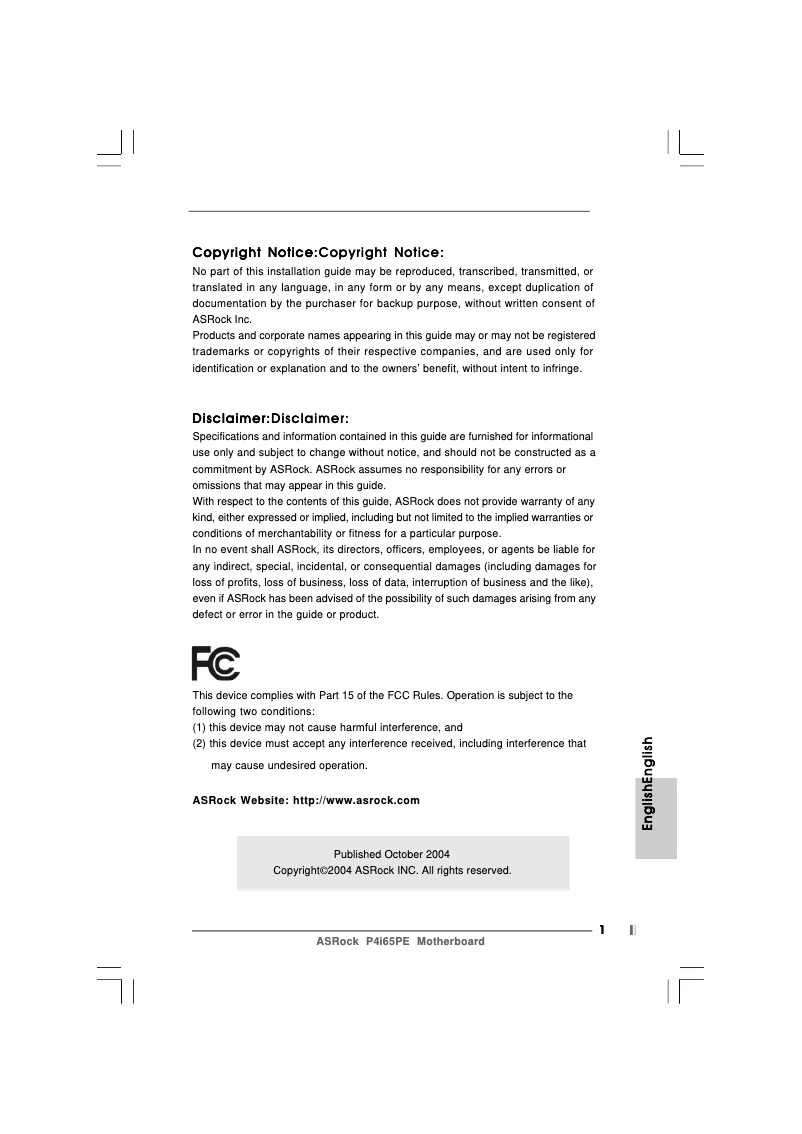 Page 1 de la notice Manuel utilisateur Asrock P4i65PE