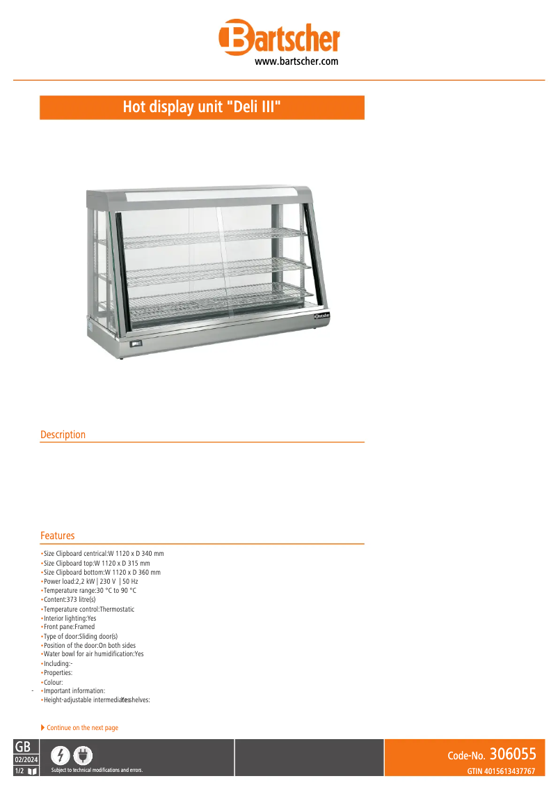 Page 1 of the manual Technical Sheet Bartscher Deli 306055