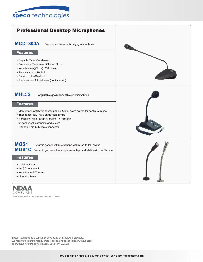 Page 1 of the manual Technical Sheet Speco Technologies MGS1