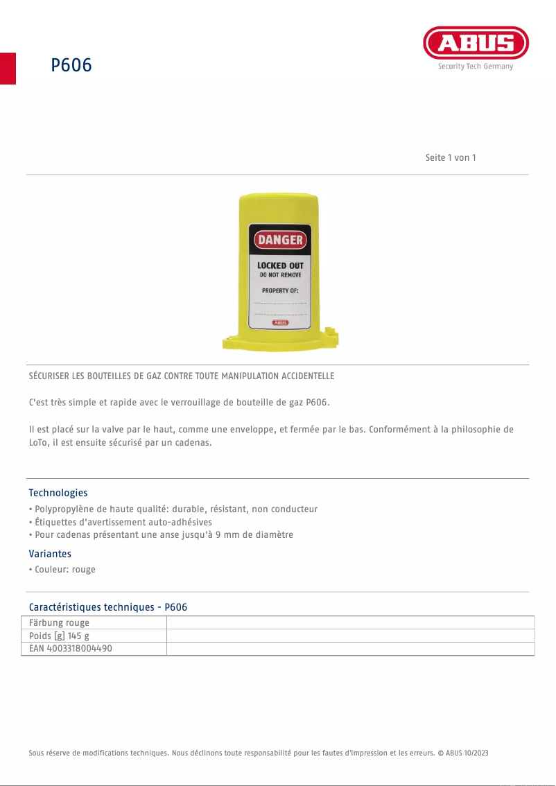 Page 1 of the manual Technical Sheet Abus P606
