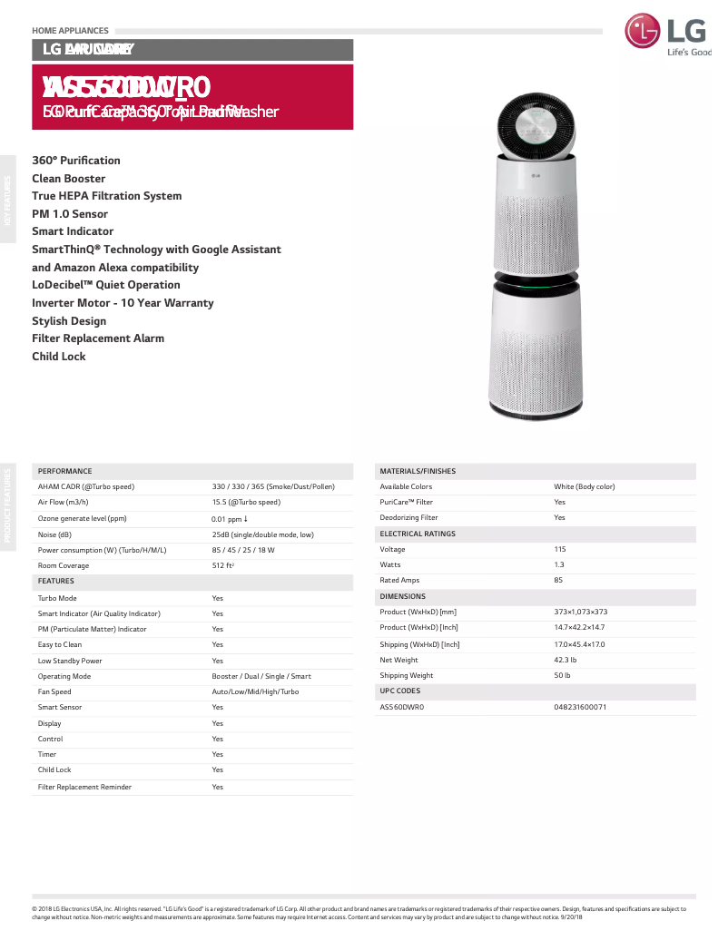 Page 1 of the manual Technical Sheet LG PuriCare 360 AS560DWR0