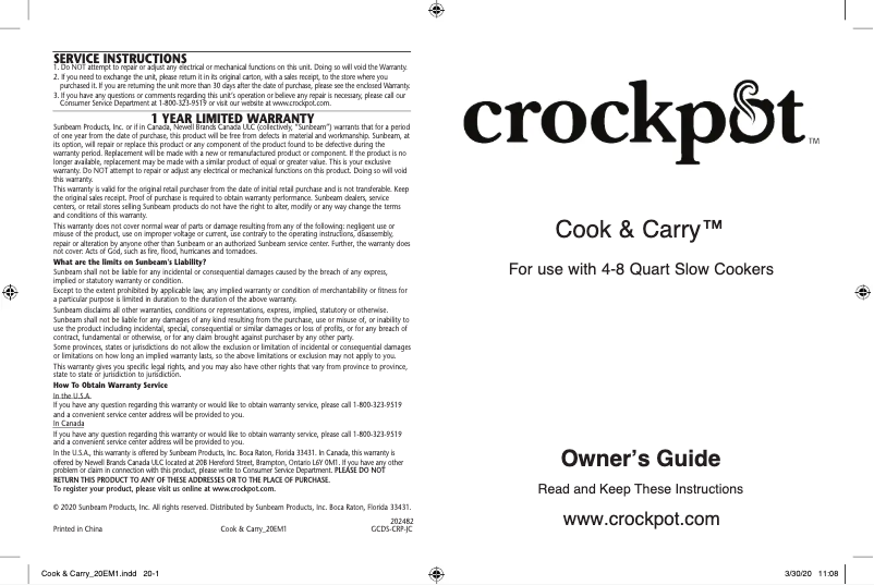 First page image of the manual for Cook & Carry SCCPVL600-RS-BR