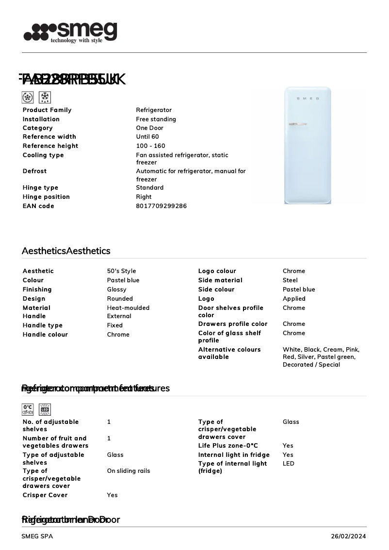 Page 1 of the manual Technical Sheet Smeg FAB28RPB5UK