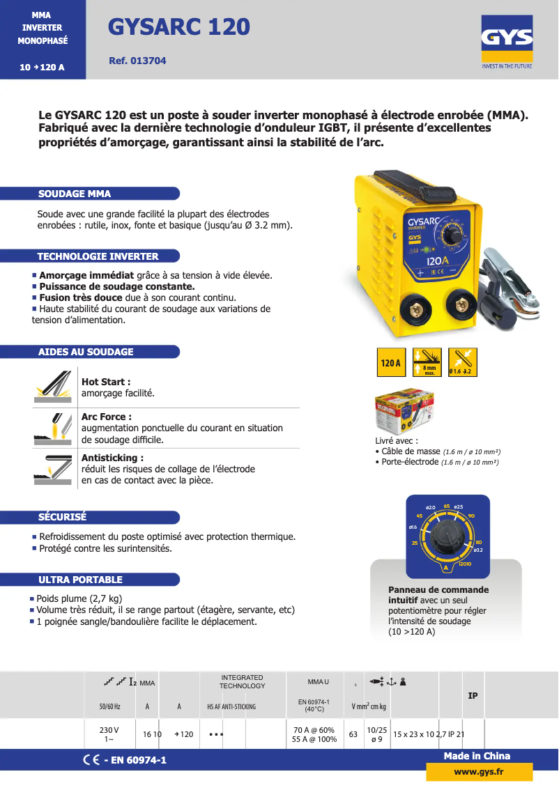 Page 1 of the manual Technical Sheet GYS Gysarc 120