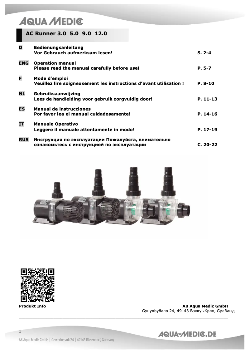 Page 1 of the manual User Manual Aqua Medic AC Runner 3.0