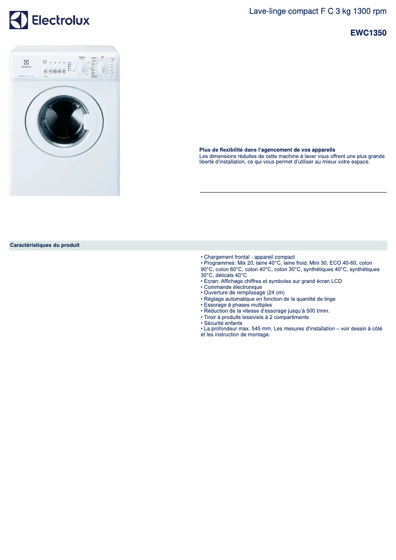 Page 1 of the manual Technical Sheet Electrolux EWC 1350
