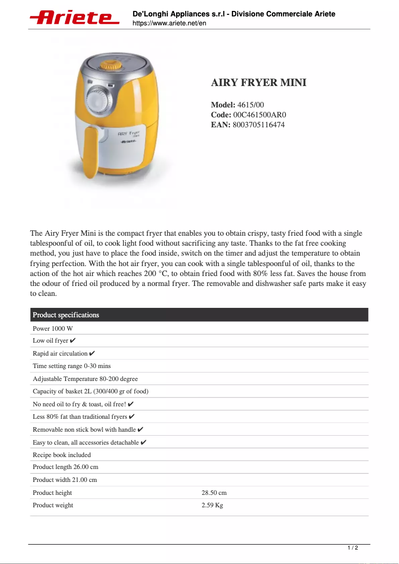 Page 1 of the manual Technical Sheet Ariete Airy Fryer mini 4615