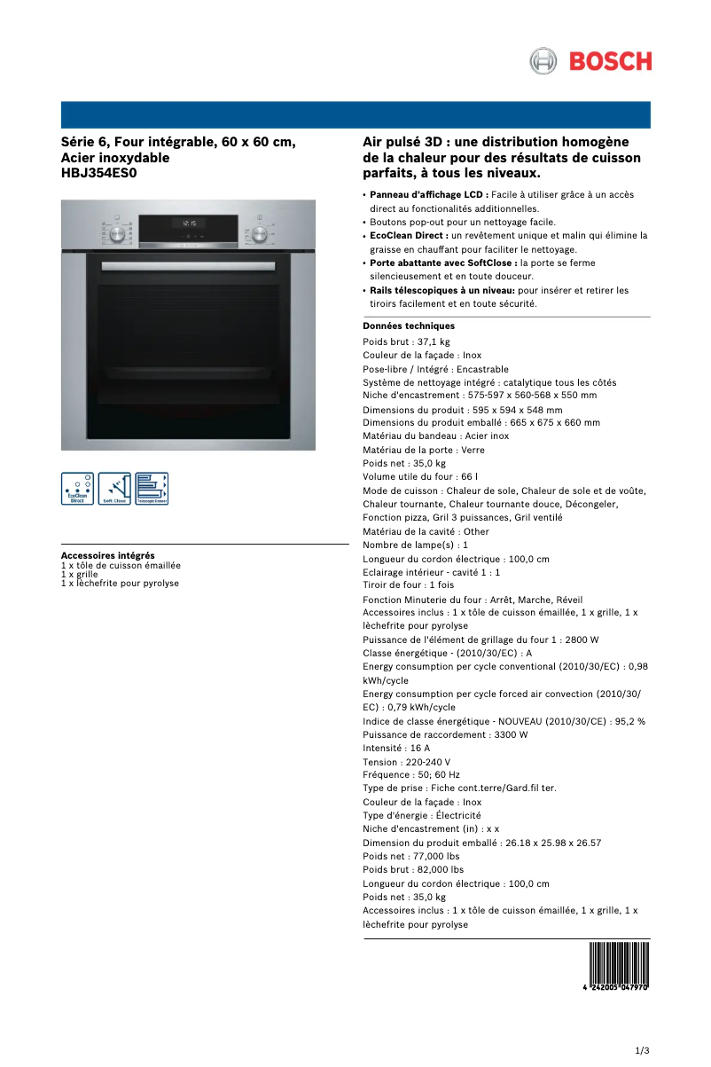 Page 1 of the manual Technical Sheet Bosch HBJ354ES0