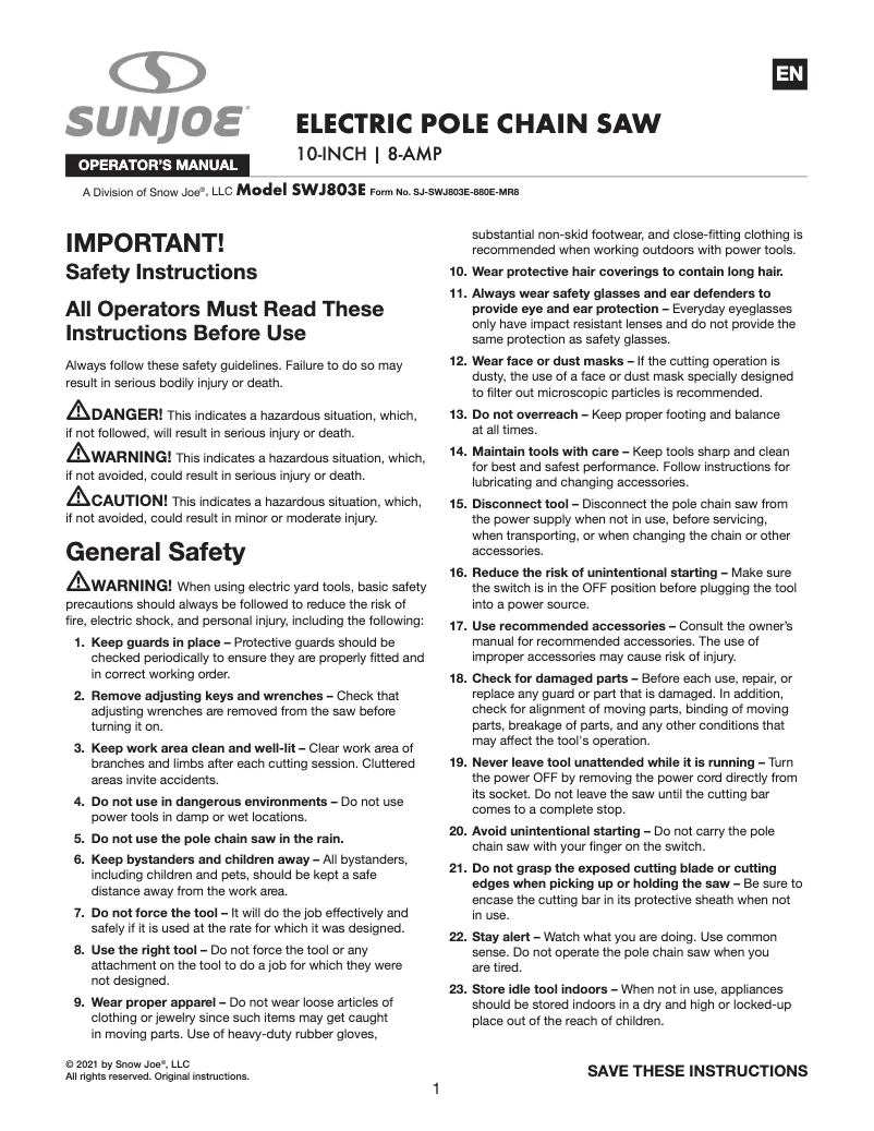Page 1 of the manual User Manual Sun Joe SWJ803E-CMO