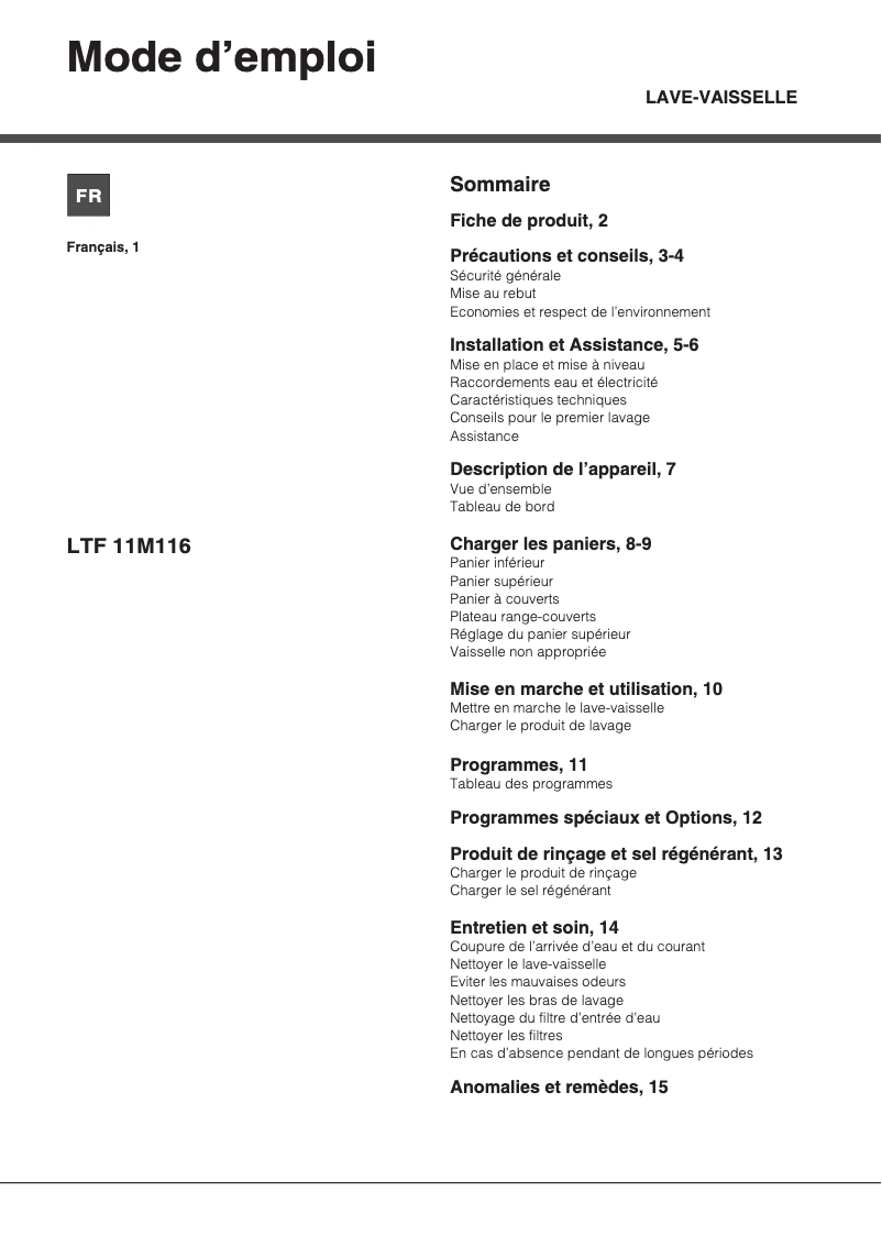 First page image of the manual for LTF 11M116