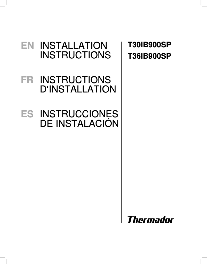 Page 1 of the manual Installation Guide Thermador T36IB900SP