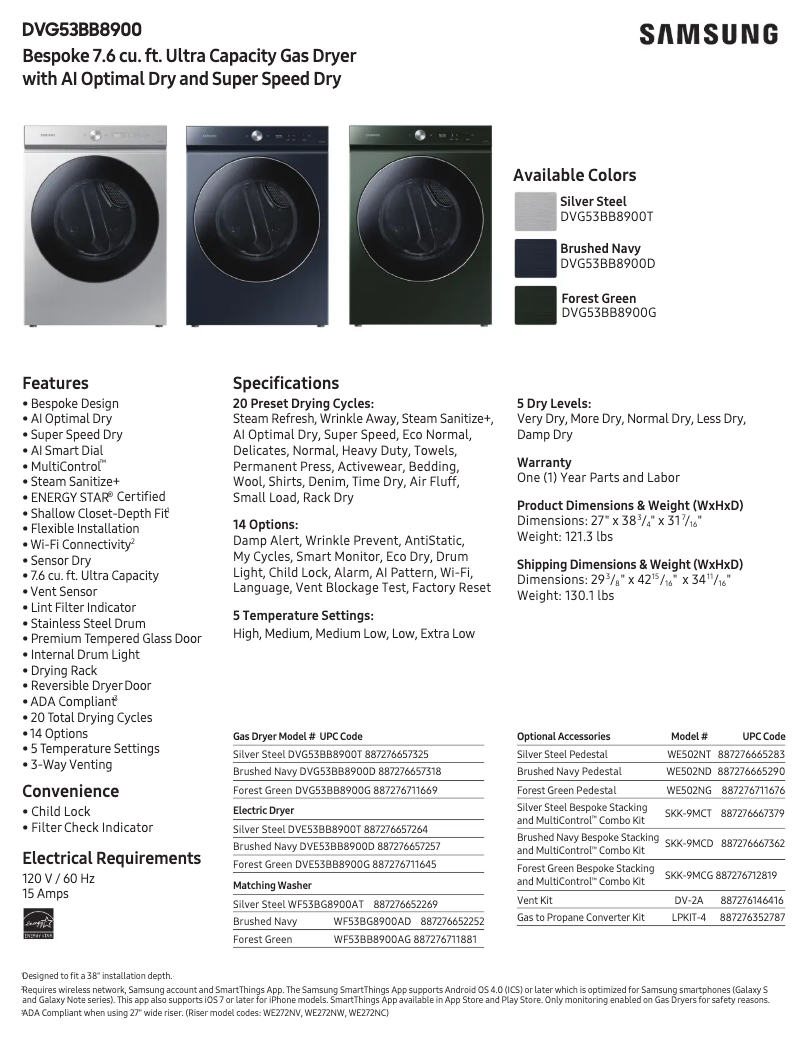 Page 1 of the manual Technical Sheet Samsung DVG53BB8900T