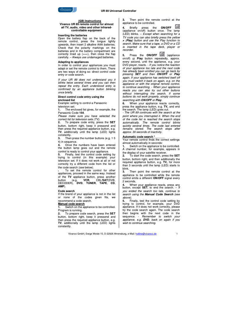 Page 1 of the manual User Manual Vivanco RC-21966