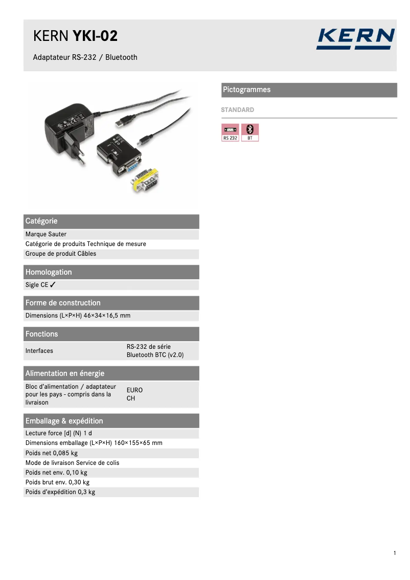 Page 1 of the manual Technical Sheet Kern YKI-02
