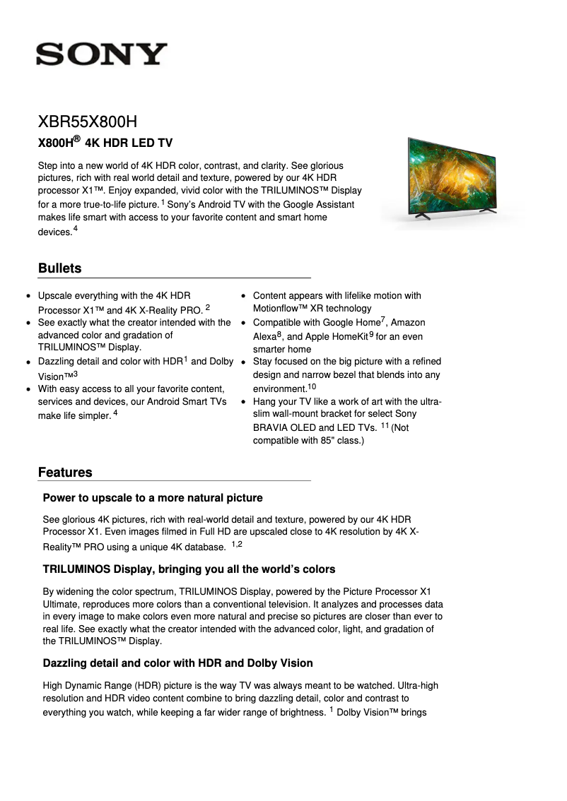 First page image of the manual for XBR55X800H