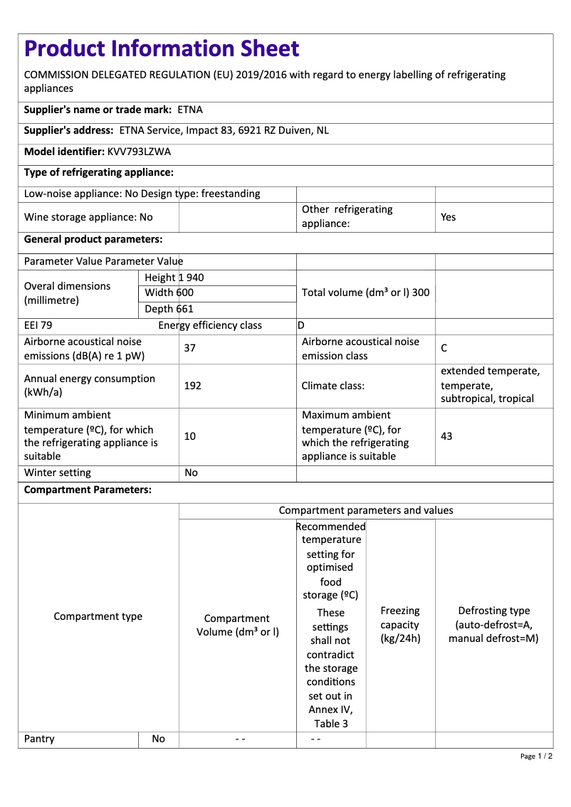 First page image of the manual for KVV793LZWA