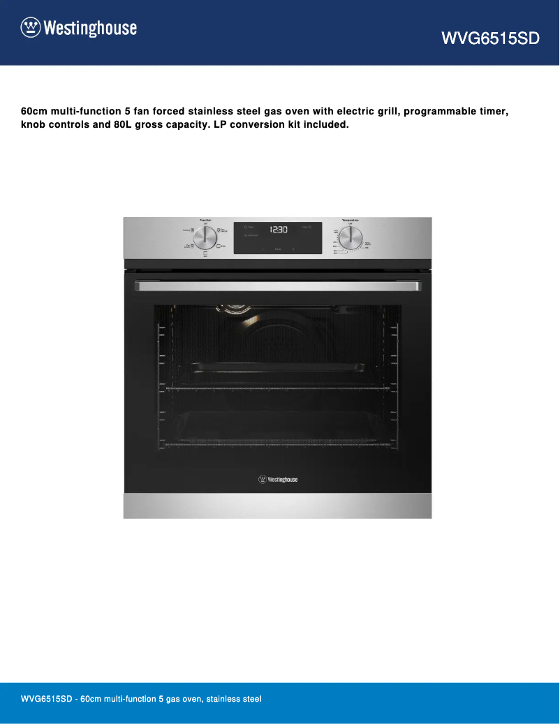 Page 1 of the manual Technical Sheet Westinghouse WVG6515SD