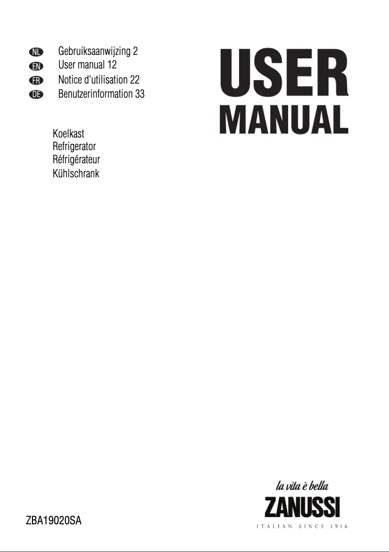 First page image of the manual for ZBA19020SA
