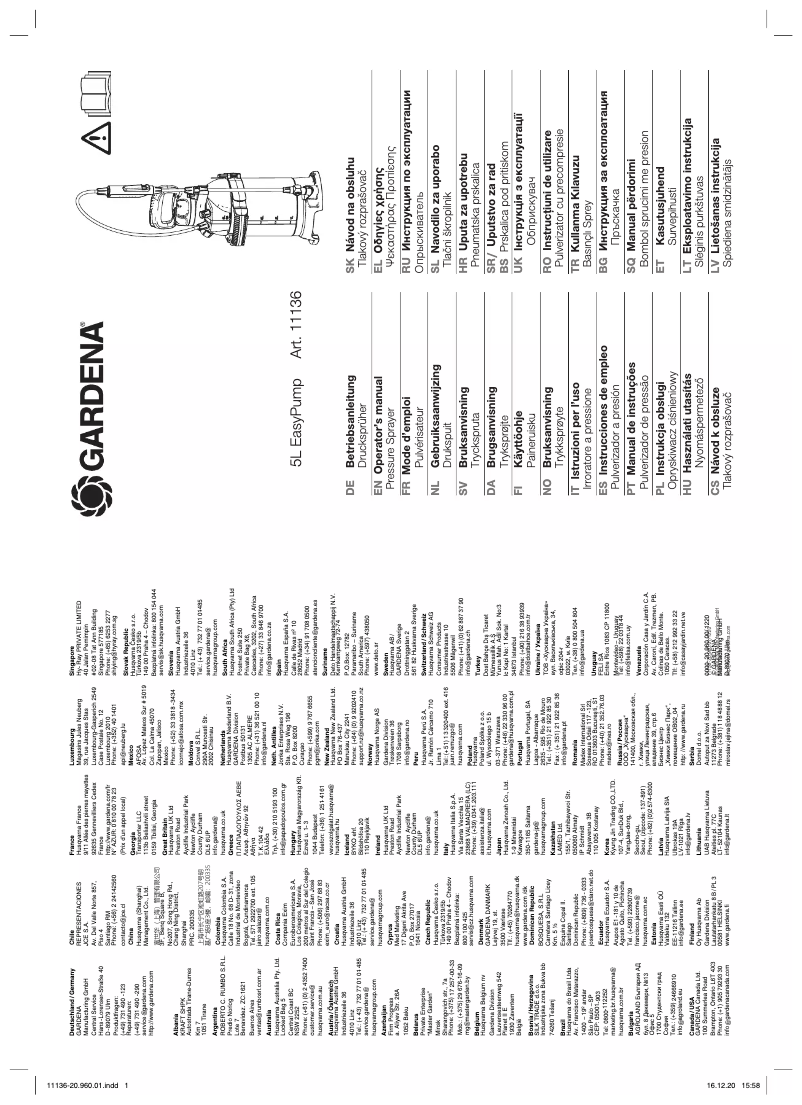 Page 1 of the manual User Manual Gardena 5L EasyPump 11136