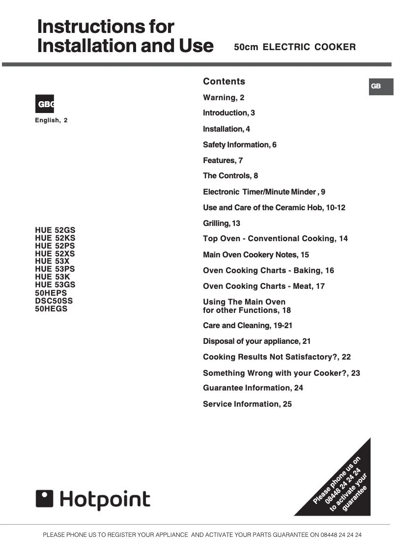 First page image of the manual for HUE52GS