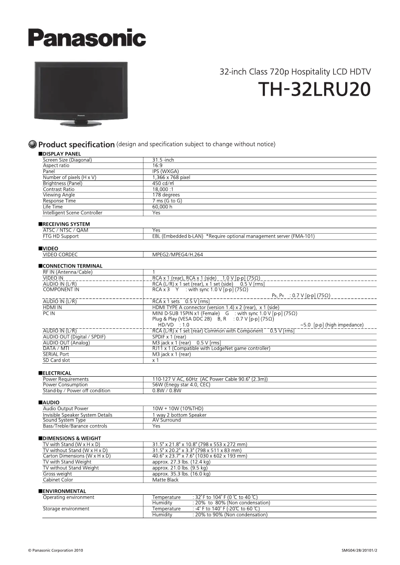 First page image of the manual for TH-32LRU20