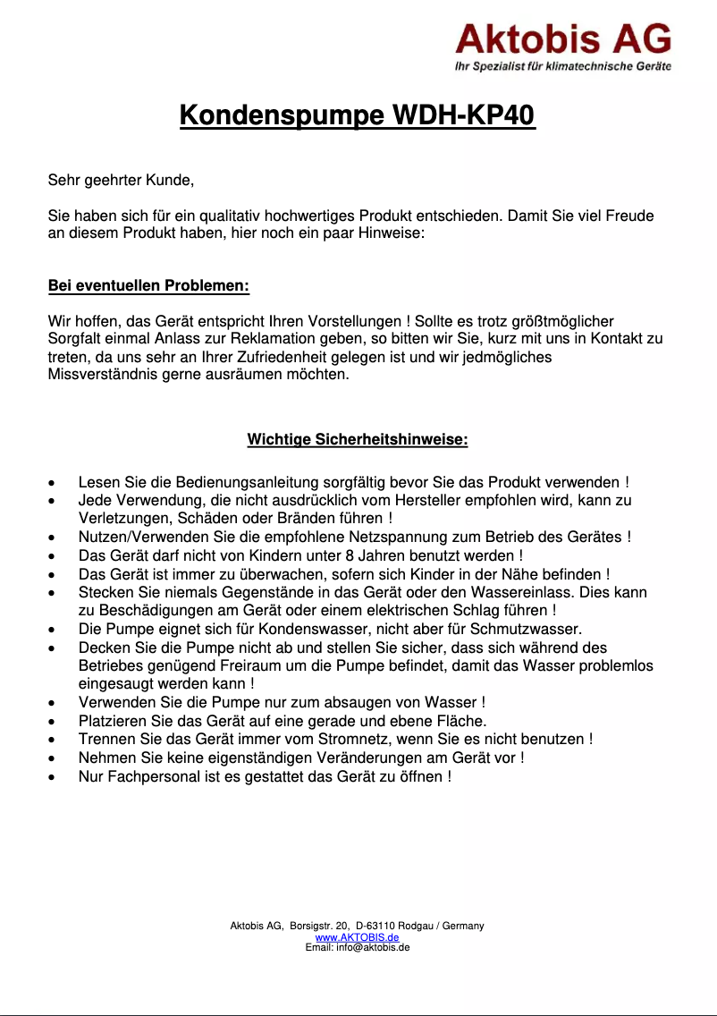 Page 1 of the manual User Manual Aktobis WDH-KP40