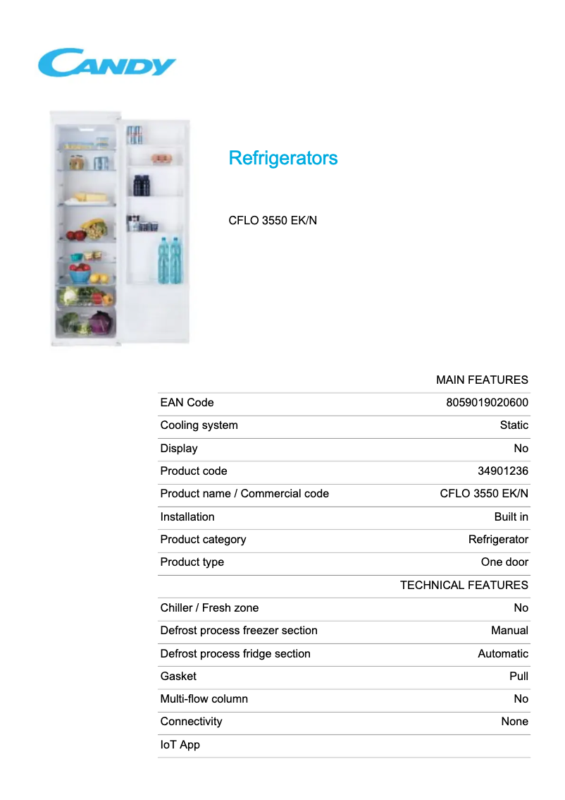 Page 1 of the manual Technical Sheet Candy CFLO 3550 EK/N