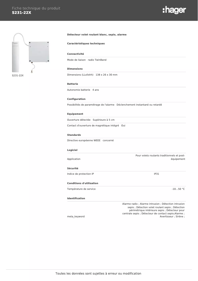 Page 1 of the manual Technical Sheet Hager S231-22X