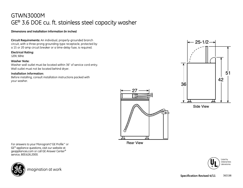 Page 1 of the manual Technical Sheet GE GTWN3000MWS