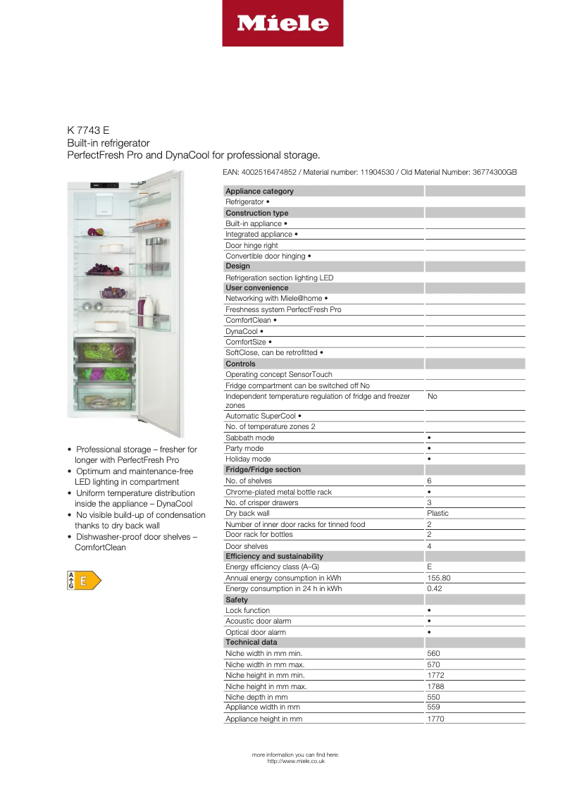 Page 1 of the manual Technical Sheet Miele K 7743 E
