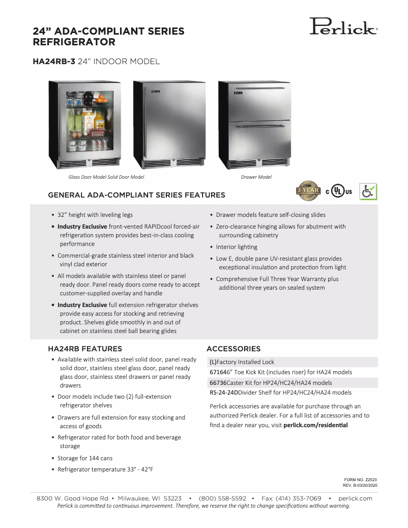 Page 1 of the manual Technical Sheet Perlick ADA CompliantHA24RB-3-1L