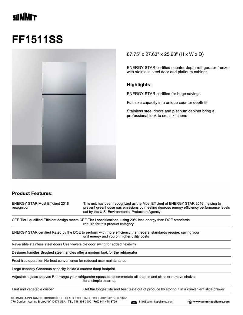 Page 1 of the manual Technical Sheet Summit FF1511