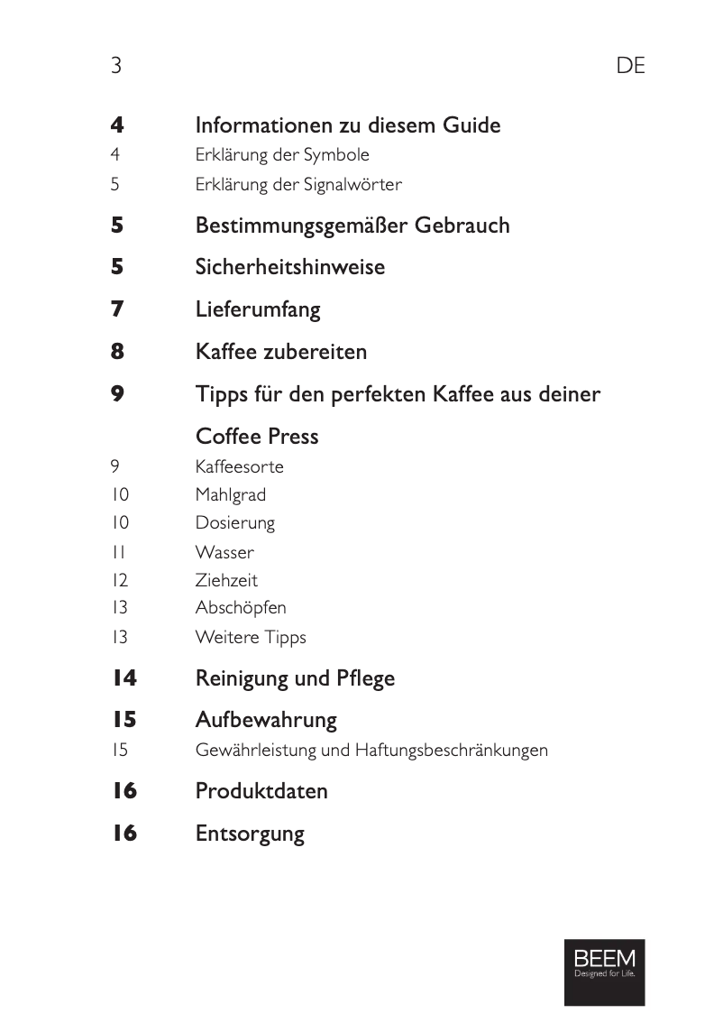 Page 1 de la notice Manuel utilisateur BEEM Coffee Press