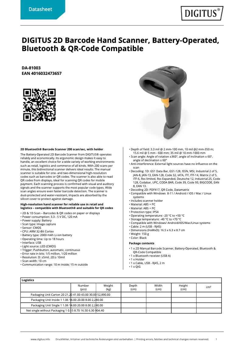 Page 1 of the manual Technical Sheet Digitus DA-81003