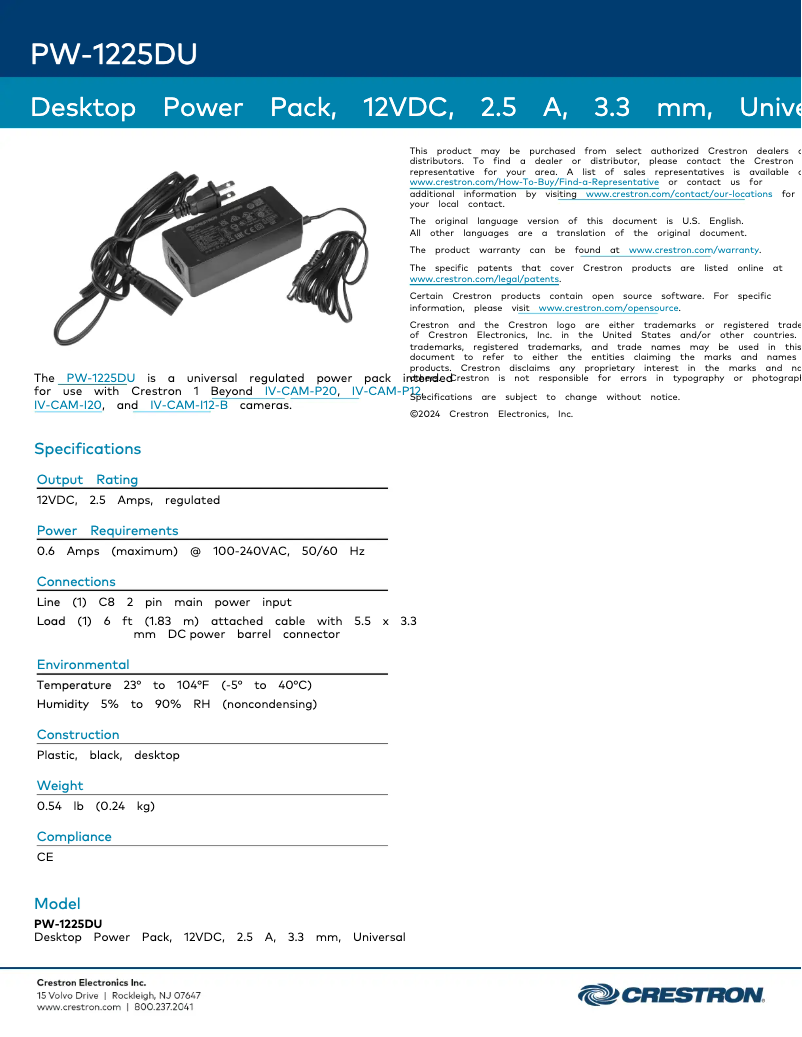 Page 1 of the manual Technical Sheet Crestron PW-1225DU