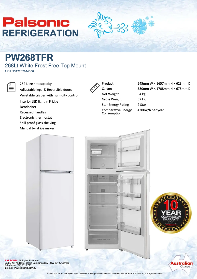 First page image of the manual for PW268TFR
