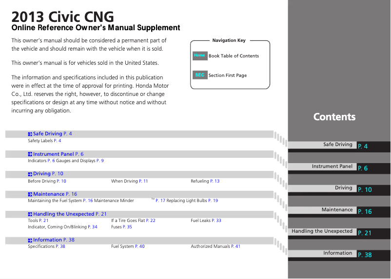 Page 1 of the manual User Manual Honda Civic CNG (2013)