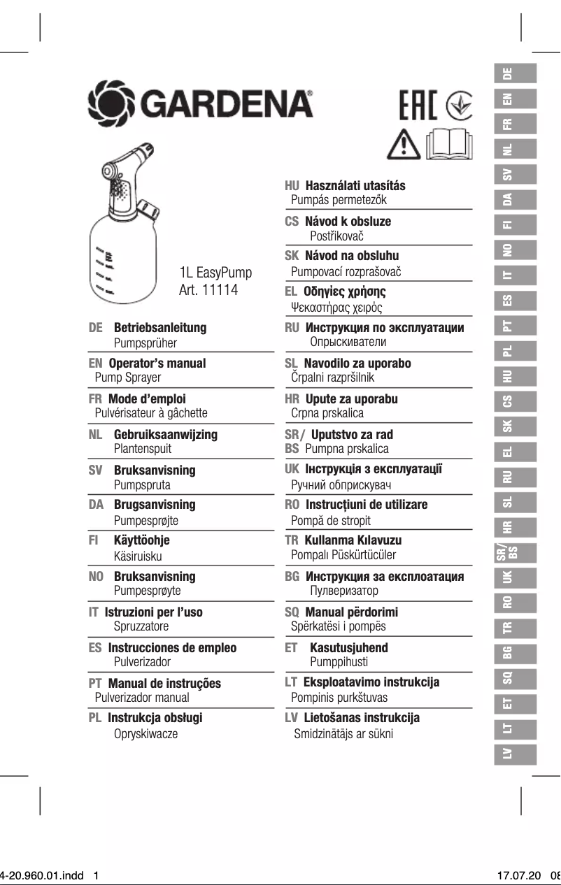 Page 1 of the manual User Manual Gardena 1L EasyPump 11114