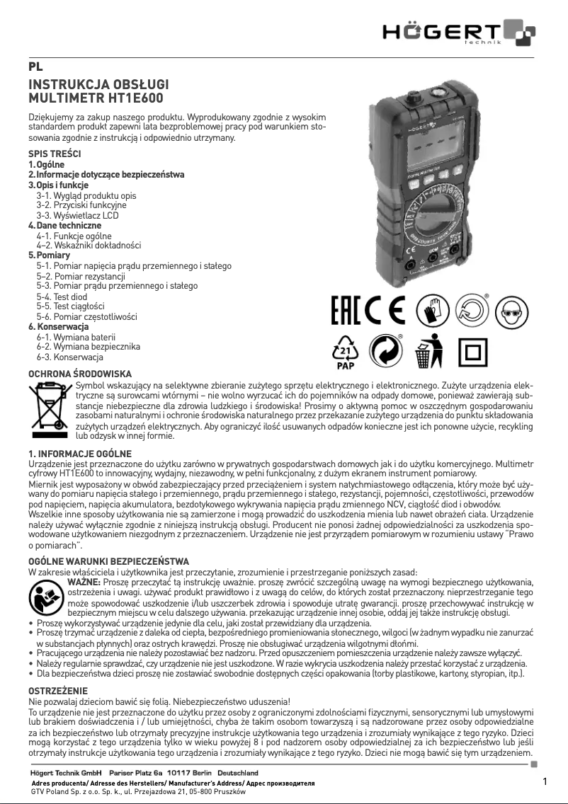 First page image of the manual for HT1E600