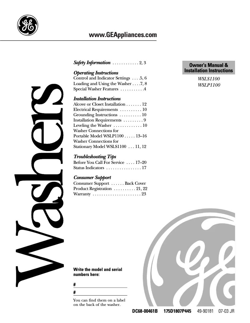 Page 1 of the manual Installation Guide GE WSLS1100DWW