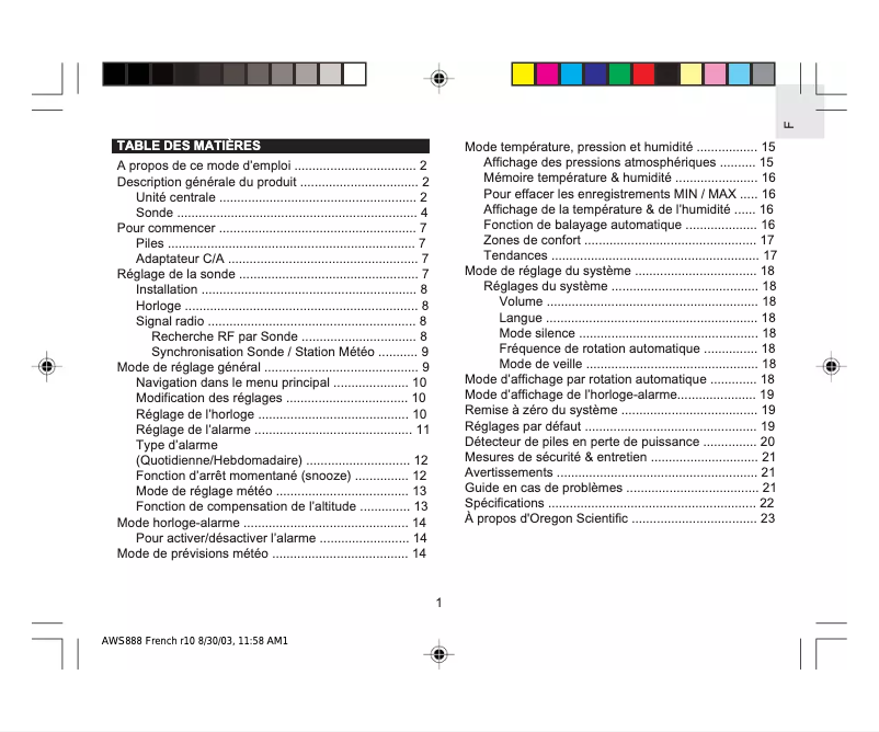 Page 1 of the manual User Manual Oregon Scientific AWS888