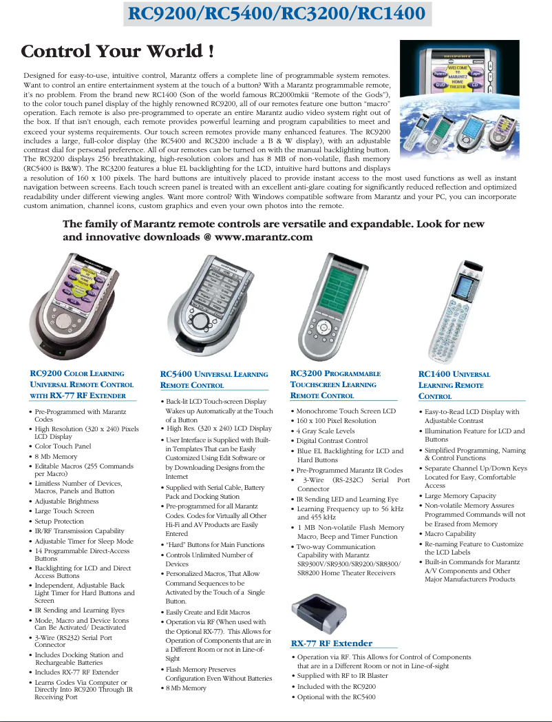 Page 1 of the manual Technical Sheet Marantz RC9200