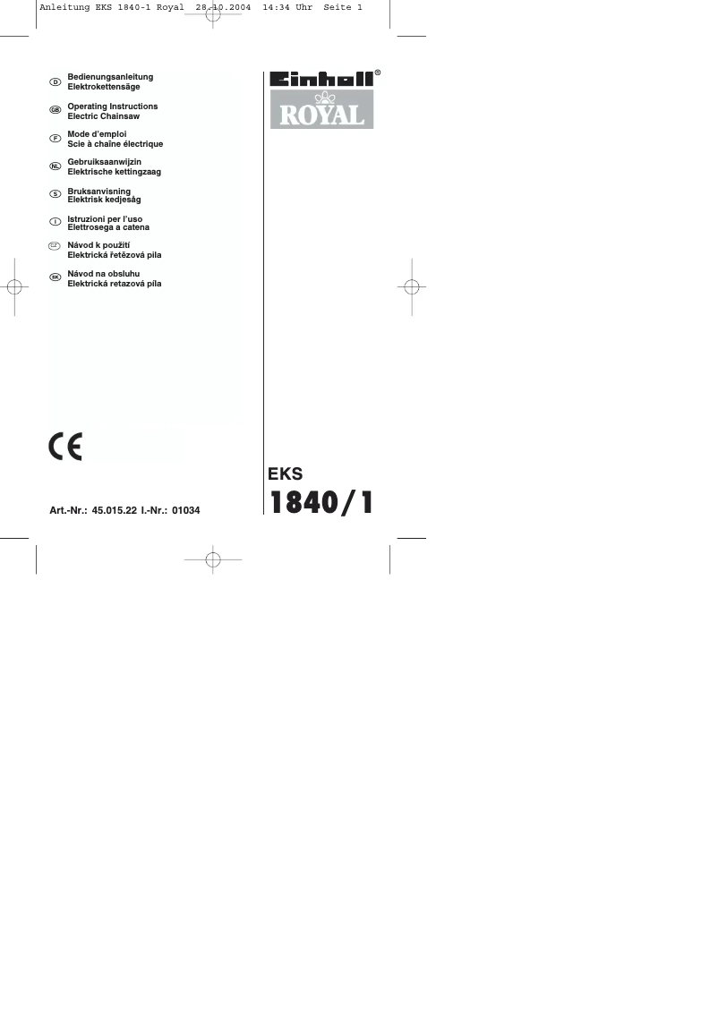 First page image of the manual for Royal EKS 1840/1