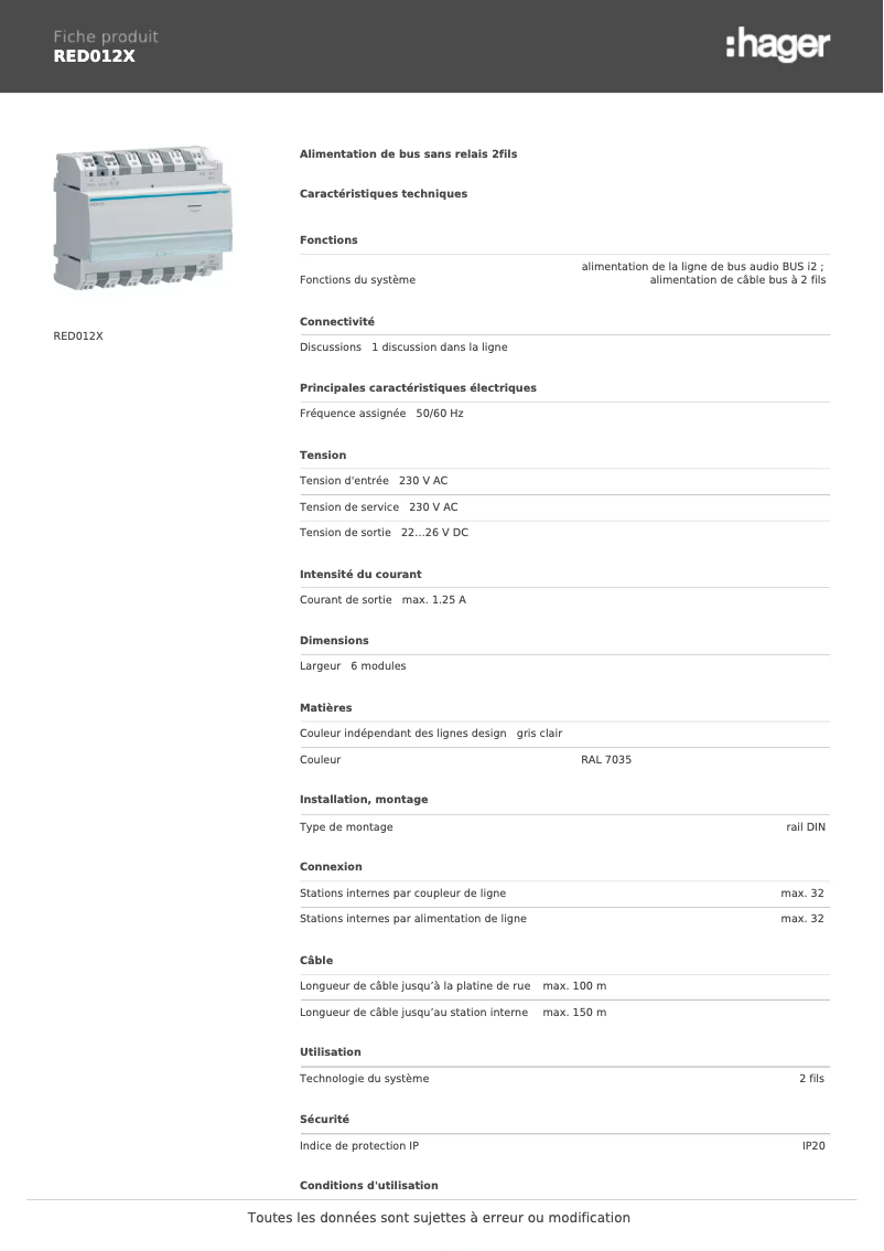 Page 1 of the manual Technical Sheet Hager RED012X